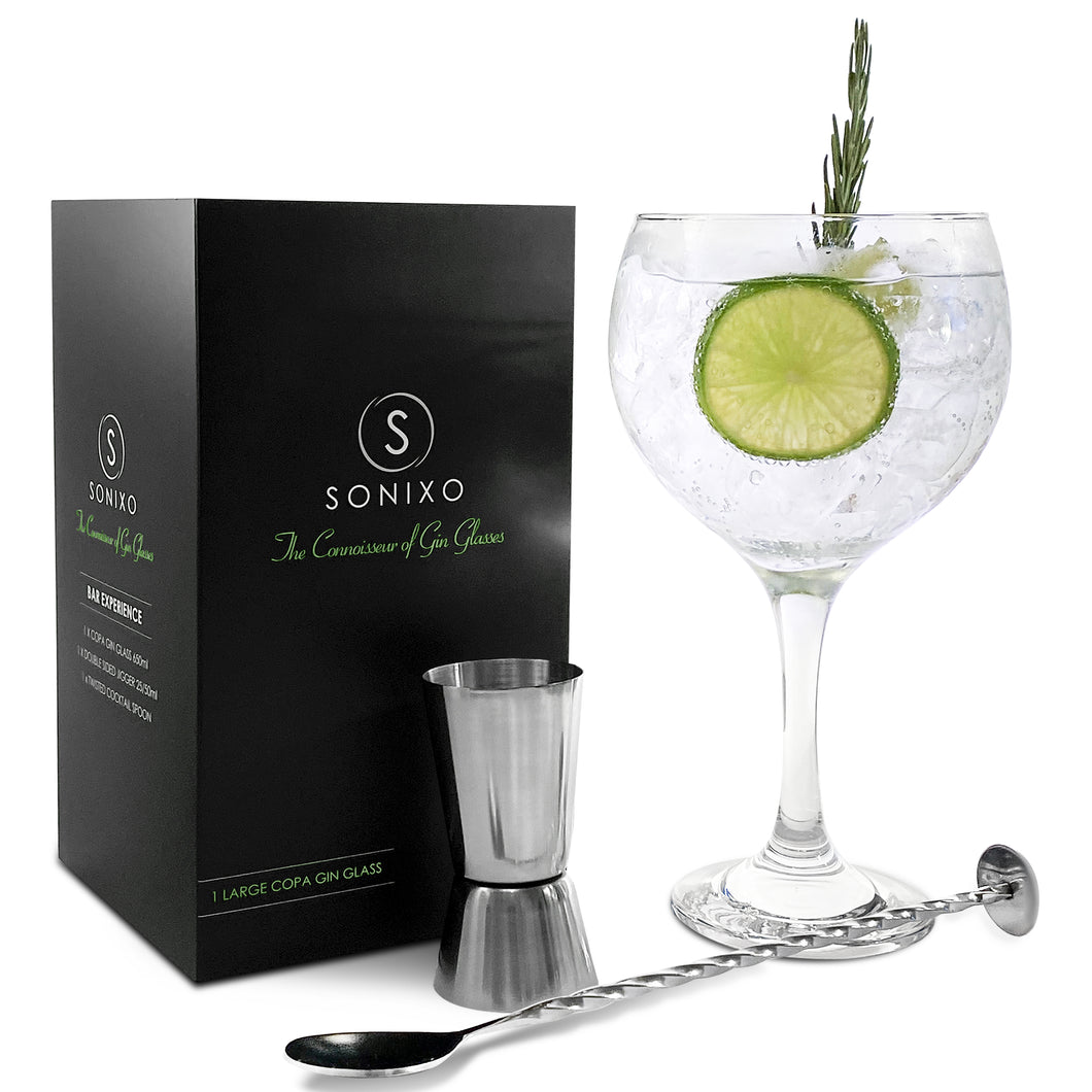 Sonixo Gin Glass Gift Set with Double-Sided Jigger and Pro Cocktail Spoon.