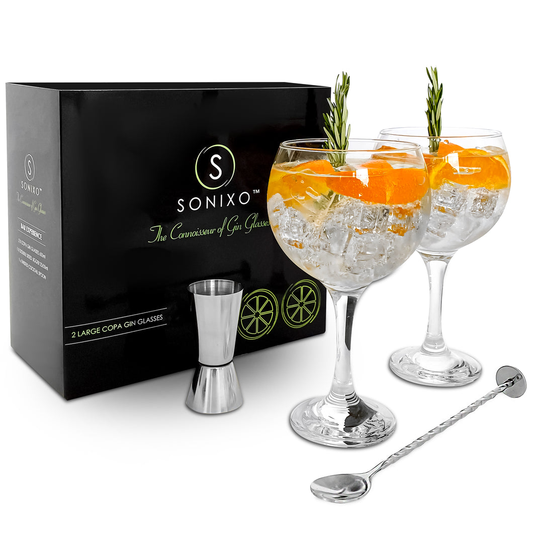 Sonixo Gin Glasses Gift Set with Double-Sided Jigger and Pro Cocktail Spoon.